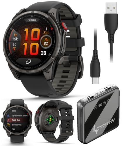 Garmin Fenix 7 Pro Solar Sapphire Multisport GPS Smartwatch, Titanium, Fog Gray/Ember Orange with Wearable4U E-Bank Bundle 47 x 47 x 14.5 mm