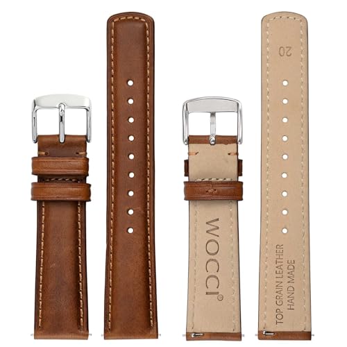 WOCCI 18mm Watch Band for Men and Women, Genuine Leather - Top Grain Leather, Quick Release Strap, Silver Buckle (Golden Brown)