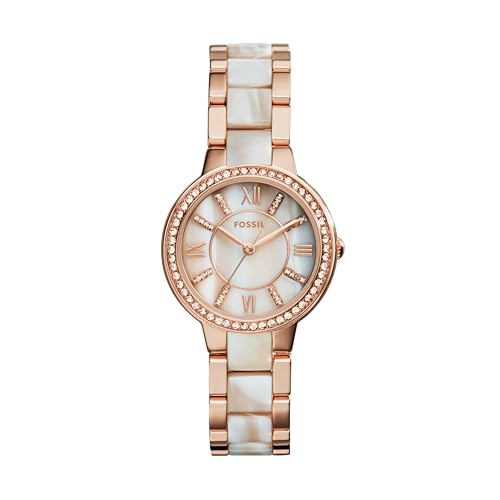 Fossil Women's Watch, Virginia Quartz Stainless Steel and Acetate Three-Hand Watch for Women, Color: Rose Gold/White Horn