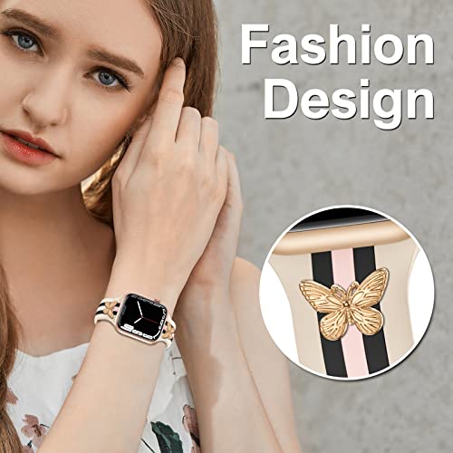Designer Band with Charms Decor Compatible with Apple Watch Band 38mm 40mm 41mm 42mm 44mm 45mm 46mm 49mm Women Men, Stylish Silicone Sport Wristbands for iWatch Series 11 10 9 8 7 6 5 4 3 2 1 SE/3 Ultra 2/3