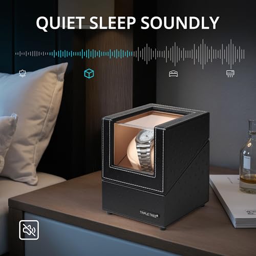 TRIPLE TREE Single Watch Winder Newly Upgraded, with Flexible Plush Pillow, in Wood Shell and Black Leather, Japanese Motor, 4 Rotation Mode Setting, Fit Lady and Man Automatic Watches