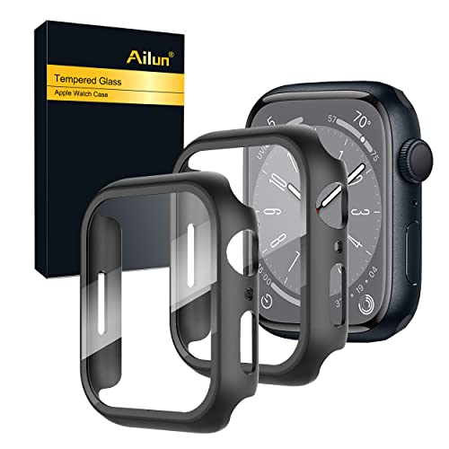 Ailun for Apple Watch Series 9 & 8 & 7 Screen Protector Case [45mm], Ultra-Thin Hard PC Case Built in Tempered Glass for iWatch, Shockproof Cover with Button [2 Pack][Black]