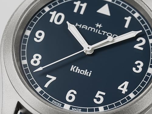 Hamilton Khaki Field Khaki Quartz Men's Watch, 38mm Stainless Steel Case, Swiss Made, Blue Dial Analog Wrist Watch for Men, 50m Waterproof, Sapphire Crystal, Textile Strap