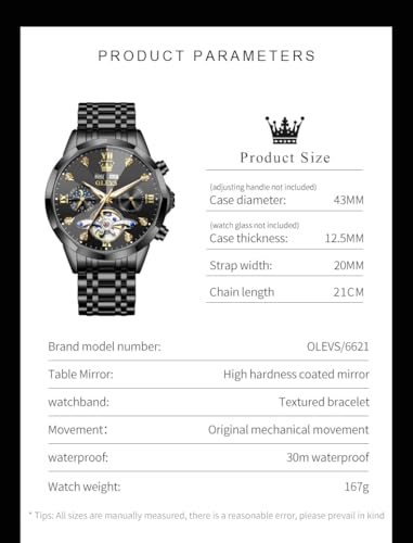 OLEVS Black Self Winding Watches for Men Mechanical Business Dress Skeleton Waterproof Luminous Date Automatic Luxury Casual Man Watch