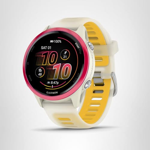 Garmin® Forerunner® 570, 42mm, Advanced GPS Running and Triathlon Smartwatch, AMOLED Display, Training and Recovery Features, Raspberry Aluminum with Translucent Bone/Mango Band