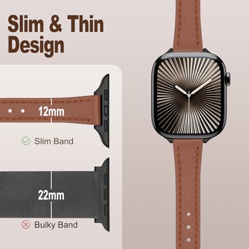SEURE 2-pack Leather Band Compatible with Apple Watch Bands for women 38mm 40mm 41mm 42mm 44mm 45mm 46mm,Top Genuine Leather Wristband Slim Thin Strap for iWatch SE Series 11/10/9/8/7/6/5/4/3/2/1