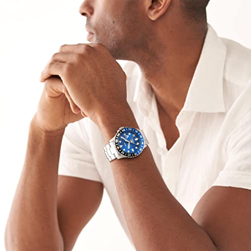 Fossil Men's 46mm Blue GMT Stainless Steel, Silver/Blue GMT Dive-Inspired Three-Hand Watch, FS5991