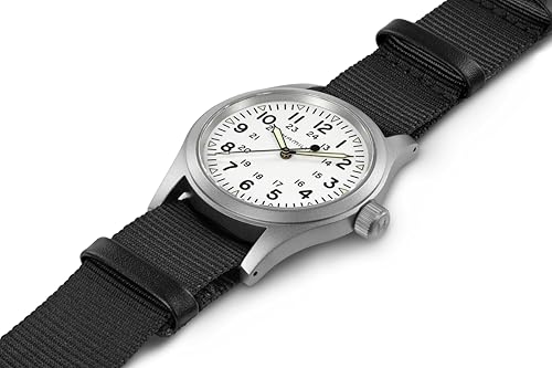 Hamilton Khaki Field Mechanical Men's Watch, 38mm Stainless Steel Case, Swiss Made, White Dial Analog Wrist Watch for Men, 50m Waterproof, Sapphire Crystal, Textile Strap