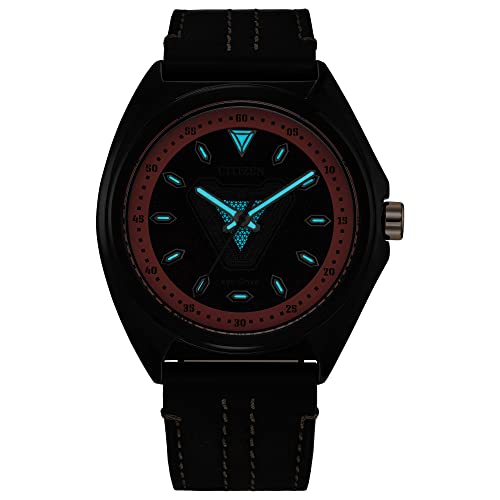 CITIZEN Men's Eco-Drive Marvel Tony Stark 63 Black Ion Plated Watch with Black Leather Strap, 3 Hand, Luminous, 43mm (Model: AW2075-05W)