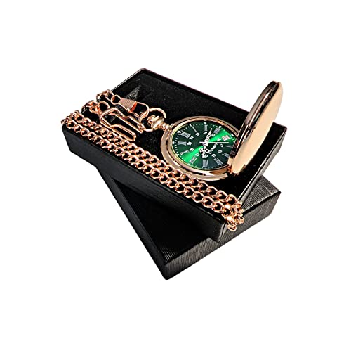 1 Engraved Pocket Watch - Comes with Fitted Custom Box, Chain and Engraving - Green dial with Silver Roman Numerals - Personalized Wedding Gifts (Rose Gold)