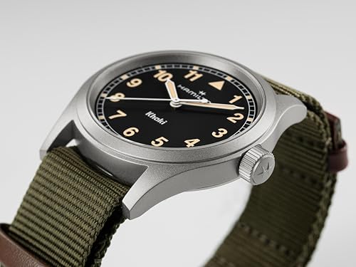 Hamilton Khaki Field Khaki Quartz Men's Watch, 38mm Stainless Steel Case, Swiss Made, Black Dial Analog Wrist Watch for Men, 50m Waterproof, Sapphire Crystal, Textile Strap