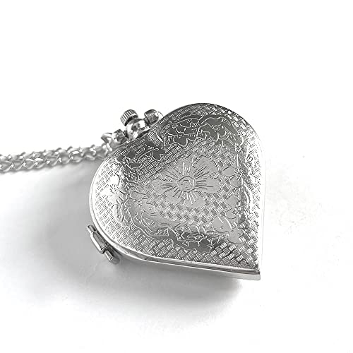 VIGOROSO Women's Pocket Watch, Analog Display, Quartz Movement, Silver Stainless Steel, Heart Pendant Necklace, Unisex Accessory, Valentines Day Gifts