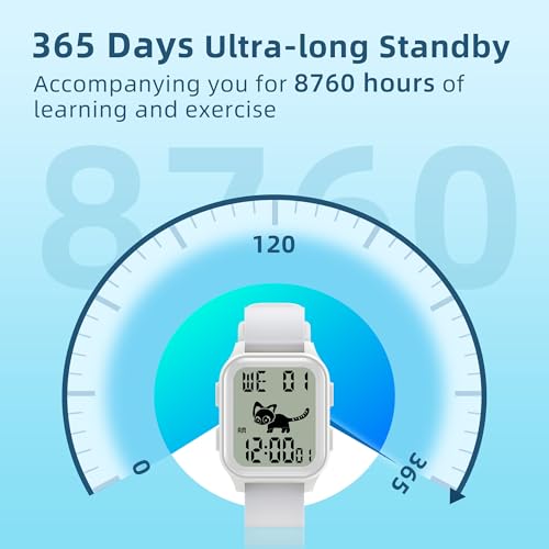 EZON T048 Digital Kids Watch for Teens Girls Boys,Sport Watch with Virtual Pet Cat Step Counter Stopwatch Pedometer Timer Alarm, No App Waterproof Fitness Tracker for Ages 7-18 (White)