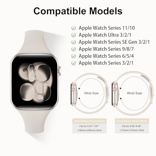 6 Pack Thin Bands Compatible with Apple Watch Band 38mm 40mm 41mm 42mm 44mm 45mm 46mm 49mm Women Men, Sport Silicone Strap Slim Wristband for iWatch Series 11 10 9 8 SE 7 6 5 4 3 2 1 Ultra