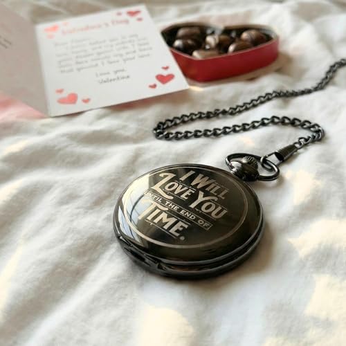 Red Dot Laser Engraving Engraved Pocket Watch with Chain for Husband or Boyfriend | Classy Gift Set for Anniversary or Any Occasion (I Will Love You Until the End of Time)