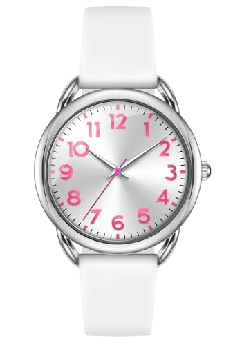 Bisley 35MM White Watch for Women Silicone Strap Pink Arabic Numeral Easy to Read Waterproof Watch Fit for Any Wrist Size