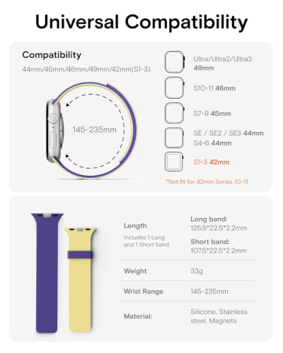 MOFT Snap Duo Watch Bands Compatible with Apple Watch,Magnetic Wear,Duo-Color&Soft Silicone,iWatch Bands for Ultra 3/2/1,Series 11/10/9/8/7/SE/6/5/4/3/2/1,42/44/45/46/49mm,Strike YellowxPoise Purple