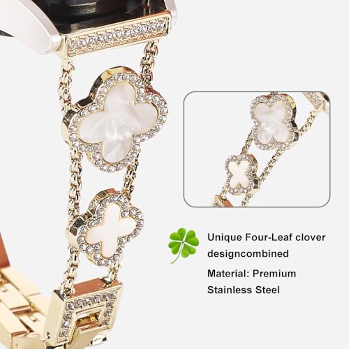 Chinmumu for Samsung Galaxy Watch 7 6 5 4 FE Band 40mm 44mm, 20mm Watch Band,Four Leaf Clover Women Bling Diamond Band for Watch 6/4 Classic 5 Pro Active 2 43mm 47mm 42mm 46mm (gold/white)