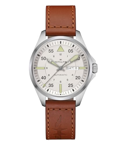 Hamilton Khaki Aviation Automatic Men's Watch, 42mm Stainless Steel Case, Swiss Made, Silver Dial Analog Wrist Watch for Men, 100m Waterproof, Sapphire Crystal, 3-Hand Movement, Calf Leather Strap