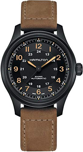 Hamilton Khaki Field Titanium Automatic Men's Watch, 42mm Titanium Case, Swiss Made, Black Dial Analog Wrist Watch for Men, 100m Waterproof, Sapphire Crystal, 3-Hand Movement, Cow Leather Strap