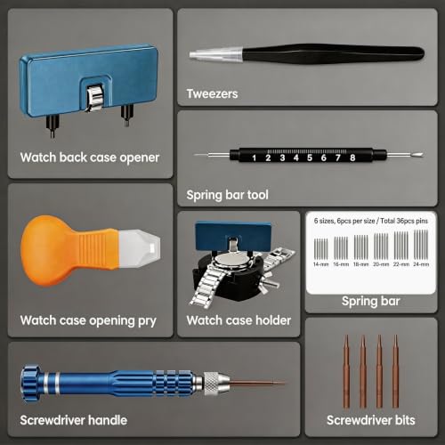 MARVLLGGOSO Watch Battery Replacement Tool Kit with Spring Bars, 5-in-1 Precision Screwdriver, Adjustable Back Case Opener, Holder, Pry Tool, Spring Bar Tool with Scale, Tweezer, Watch Repair Kit for Watch Back Removal and Band Replacement