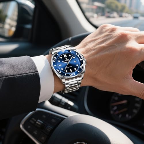 RUIGE new Men's Fully Automatic Mechanical Watch Stainless Steel Calendar Men's Rotating Bezel Fashion Trend Night Light Waterproof Watch A8-2 (Blue)