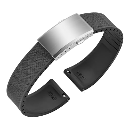 ULLCHRO FKM Rubber Watch Strap, Cut to Size Quick Release Fluororubber Watch Band Soft Replacement Watchband with Silver Milled Clasp for Men Women 18mm 19mm 20mm 21mm 22mm (20mm, Black