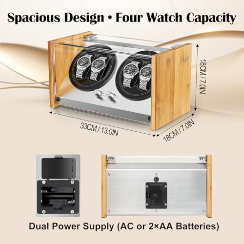 Watch Winder Smith Real Bamboo 4 Watch Winders for Automatic Watches, Precision Engineered Quiet 4 Modes Rotation and Dual Power Flexibility AC/DC