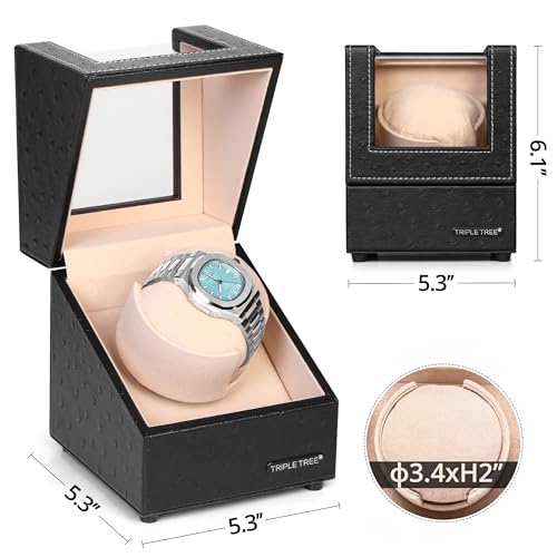 TRIPLE TREE Single Watch Winder Newly Upgraded, with Flexible Plush Pillow, in Wood Shell and Black Leather, Japanese Motor, 4 Rotation Mode Setting, Fit Lady and Man Automatic Watches