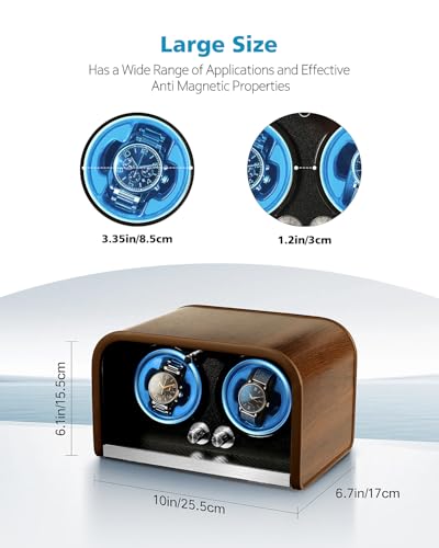 Clewcks Watch Winder for Automatic Watches, Watch Winders Box for Rolex,Double Japanese Silent Motor, 4 Rotation Mode Setting, Blue Light, Plug-in or 2 * AA Batteries (not included), Gift for man