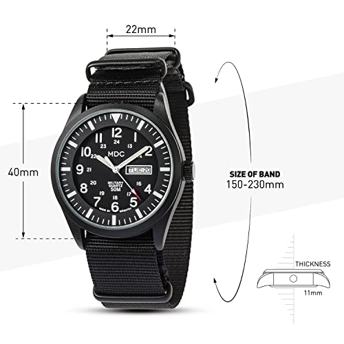 Infantry MDC Mens Military Watch, Stealth Black Tactical Field Watch for Men, 12/24H Military Time Analog Watch with Day Date, Waterproof Work Watch with Black Nylon