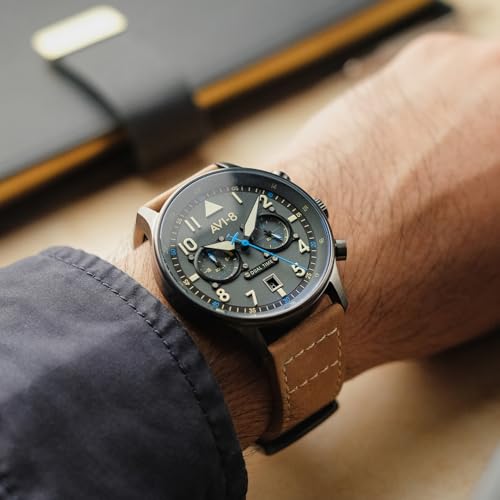 AVI-8 Mens 43.5mm Hawker Hurricane Carey Dual Time Orissa Japanese Quartz Pilot Watch with Leather Strap AV-4088-04