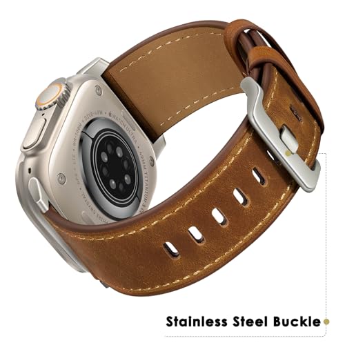 UUPWPOKT Leather Band Compatible with Apple Watch Ultra 3/2/1 Band 49mm 46mm 45mm 44mm 42mm Men, Genuine Leather Strap for iWatch Ultra Series 11 10 9 8 7 6 5 4 3 2 1 SE 3/2/1, Retro Brown/Titanium