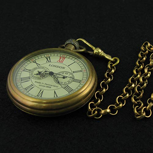VIGOROSO Men's Vintage Full Copper Hand-Wind Mechanical Second&24hours Sub-dials Pocket Watch in Box
