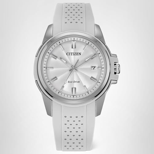 Citizen Ladies' Eco-Drive Classic Silver Stainless Steel 3 Hand Watch with White Rubber Strap,White Dial (Model:FE6131-04A)