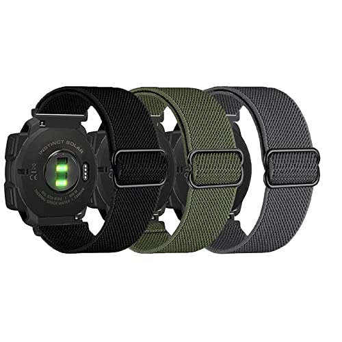 3 Packs Stretchy Nylon Bands Compatible with Garmin Instinct/Instinct 2 Solar/Instinct 3 45mm, 22mm Sport Breathable Wristband for Garmin Instinct Tactical/Solar/Tide/Esports (Black/Gray/Army Green)