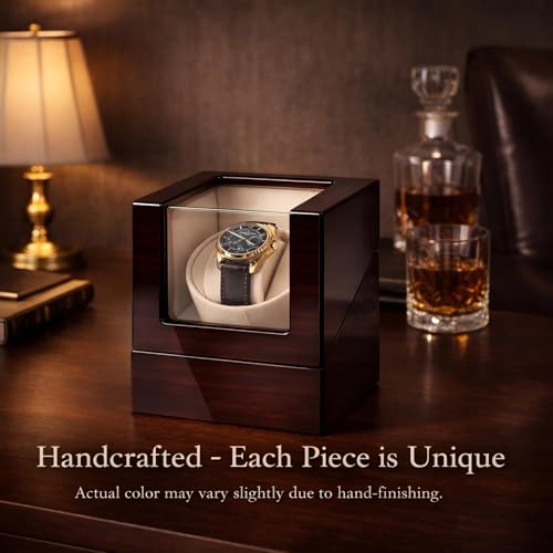 Arachvia Automatic Single Watch Winder Box for Rolex and Other Watches, Wooden Watch Case with Luxury Ebony Tone Piano Finish, Ultra Quiet Japanese Motor, Premium Watch Box for Men and Women