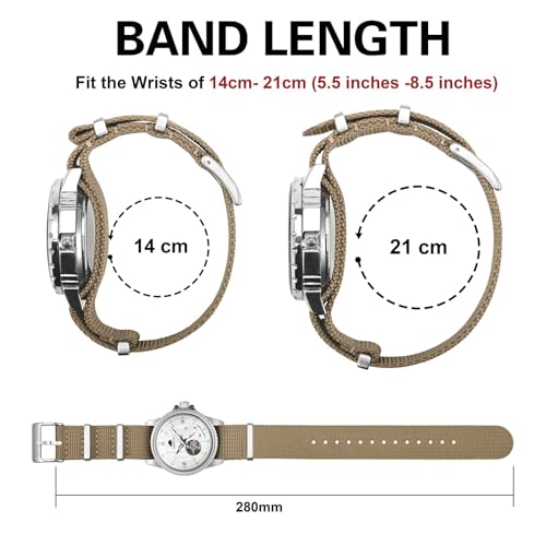 BISONSTRAP Nylon Watch Bands for Men, One-Piece Military Watch Straps, 20mm, Khaki Tan (Silver Buckle)
