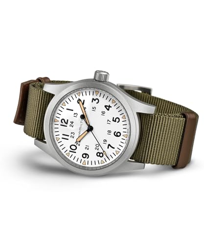 Hamilton Khaki Field Mechanical Men's Watch, 42mm Stainless Steel Case, Swiss Made, White Dial Analog Wrist Watch for Men, 50m Waterproof, Sapphire Crystal, Textile Strap