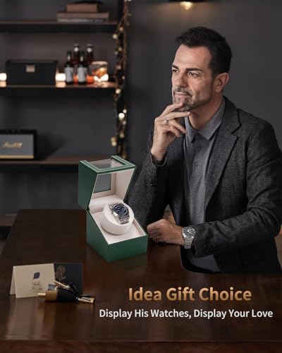 UnaMela Watch Winder for Automatic Watches: Automatic Single Watch Winder Box in Green PU Leather with Japanese Quiet Motor USB Powered - Gift for Men & Women