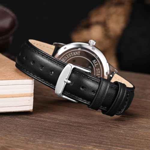 WOCCI 20mm Watch Band for Men and Women, Genuine Leather - Top Grain Leather, Quick Release Strap, Silver Buckle (Black)