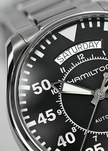 Hamilton Khaki Aviation Automatic Men's Watch, 42mm Stainless Steel Case, Swiss Made, Black Dial Analog Wrist Watch for Men, 100m Waterproof, Sapphire Crystal, Stainless Steel Strap