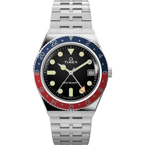 Timex Men's Q GMT 38mm Watch - Black Dial Stainless Steel Case & Strap