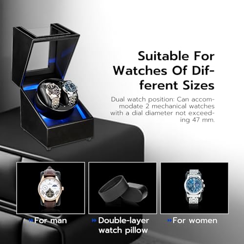 Mcbazel Watch Winder with Led Light, Dual Watch Winder Box for Automatic Watches, Ultra-Quiet Motor, 5 Rotation Modes, Gifts for Men, Beloved, Women - Black