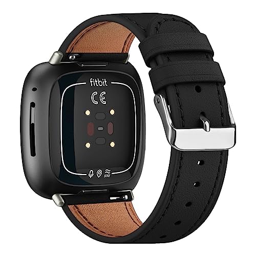 Meliya Leather Bands Compatible with Fitbit Versa 4 Bands/Fitbit Versa 3 Bands/Sense 2 Bands/Fitbit Sense Watch Bands for Women Men, Classic Genuine Leather Wristband Straps (Black)
