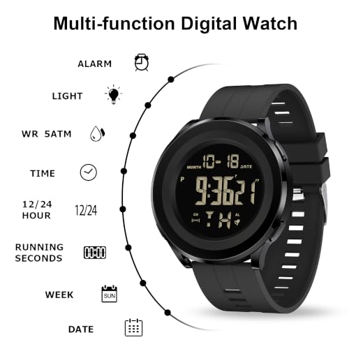 BASUMIU Black Waterproof Work Luxury Dress Tactical Dive Military Digital Man Watches for Men Sports Nice Classic Mens Watches Diver Day Date Running Cool Large Face