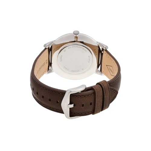 Fossil Men's Minimalist Quartz Stainless Steel and Brown Leather Three-Hand Watch for Men, Color: Silver, Brown