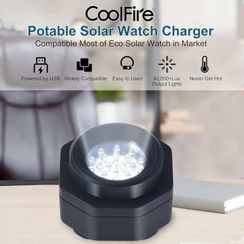 CoolFire (The Original) - USB-C UV Free Solar Watch Fast Charger for All Eco Solar Watches. Safe 24/7 Charging (No 8H Timer Needed). Reloj Hombre Portable Charger. BK