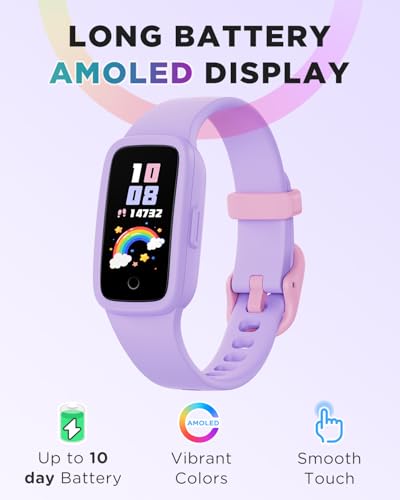 BIGGERFIVE Vigor 3 Kids Fitness Tracker Watch, AMOLED Screen, No App No Phone Needed, 3ATM Waterproof, Heart Rate and Sleep Monitor, Pedometer Watch, Sports Step Counter for Girls Ages 5-15, Lilac