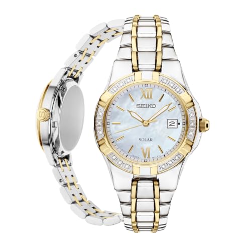 SEIKO SUT068 Watch for Women - Diamond Collection - with 18 Diamond Accents, Solar Power, Mother-of-Pearl Dial, Two-Tone Gold Stainless Steel Case & Bracelet, and Water-Resistant to 50m